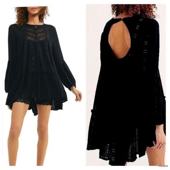 Free People Kiss Kiss Lace Inset Long Sleeve A-line Tunic Dress in Black XSmall - Picture 5 of 11